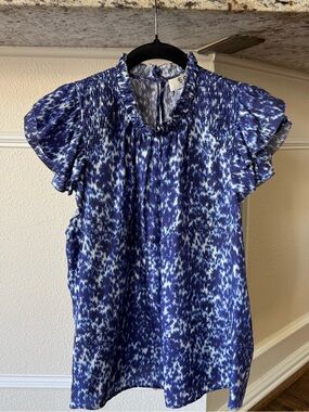 Sea New York- Blue Printed Ruffle-Sleeve Women's Top